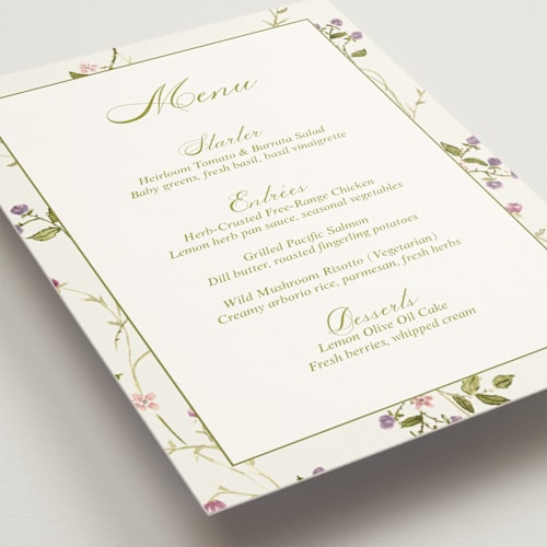 This is a cream menu cards with standard by Nicole Dragomir called wild berry watercolor printing on signature in standard