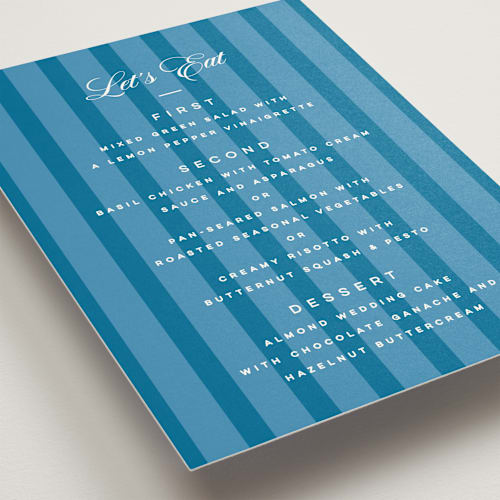 This is a cerulean menu cards with standard by Kristie Kern called the emma printing on signature in standard