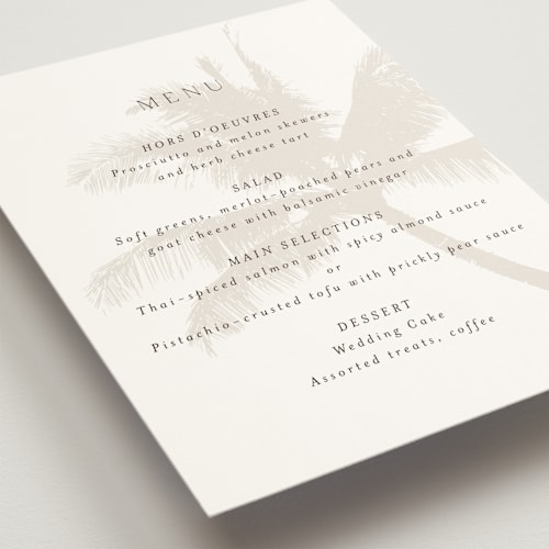 This is a ecru menu cards with standard by AK Graphics called palm printing on signature in standard