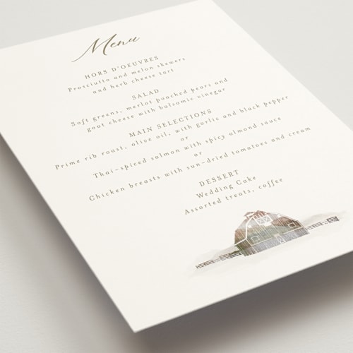 This is a fawn menu cards with standard by AK Graphics called rustic barn printing on signature in standard