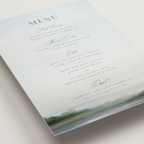 This is a sky menu cards with standard by Nicole Walsh called calm water printing on signature in standard