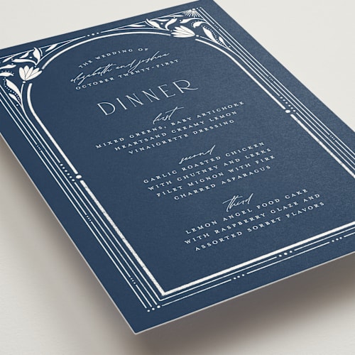 This is a delphinium menu cards with standard by Ashley DeMeyere called nouveau frame printing on signature in standard