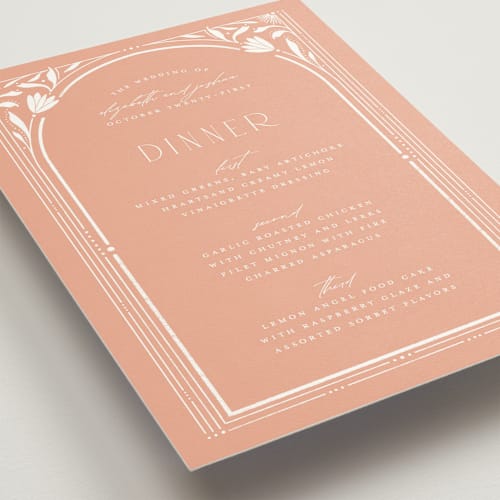 This is a peach menu cards with standard by Ashley DeMeyere called nouveau frame printing on signature in standard