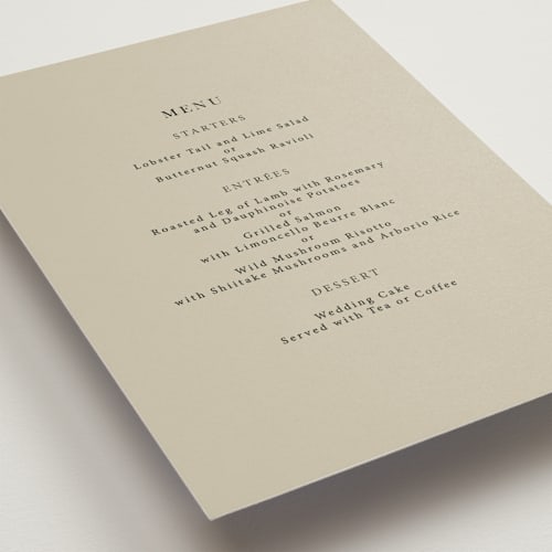 This is a almond menu cards with standard by Peony Rose Design called linen and cloth printing on signature in standard