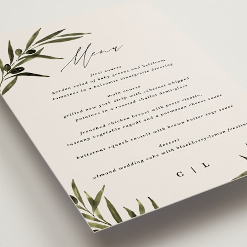 This is a creme menu cards with standard by Kate Ahn called tuscan hill printing on signature in standard