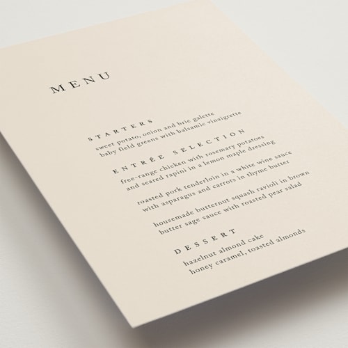 This is a linen menu cards with standard by Kelly Schmidt called astoria printing on signature in 5x7