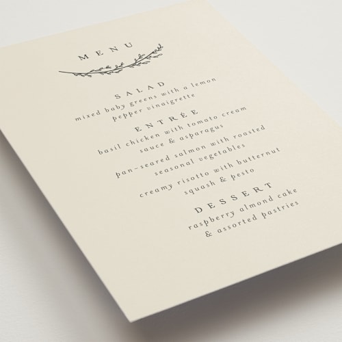 This is a almond menu cards with standard by Brianne Larsen called branched printing on signature in standard