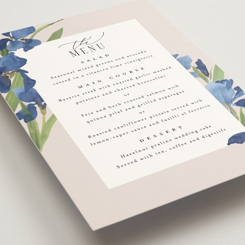 This is a natural menu cards with standard by Everett Paper Goods called irises printing on signature in standard