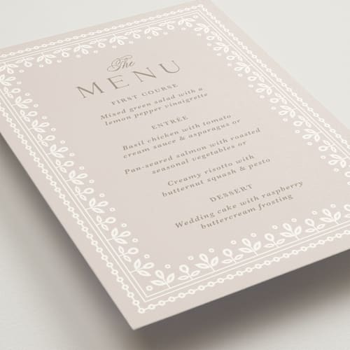 This is a cream menu cards with standard by Kristen Smith called lace trim printing on signature in standard