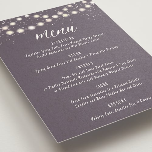 This is a plum menu cards with standard by Hooray Creative called garden lights printing on signature in standard