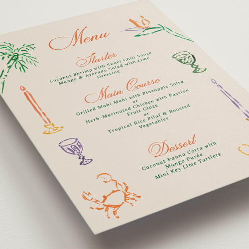 This is a bird of paradise menu cards with standard by Cass Loh called tropical tableau printing on signature in standard