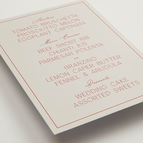 This is a crimson menu cards with standard by flvx studio called typa printing on signature in standard