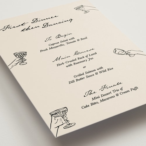 This is a tuxedo menu cards with standard by Opal and Helene called first dinner, then dancing printing on signature in standard