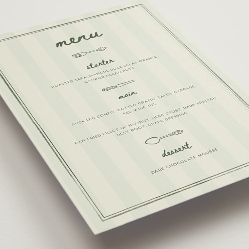 This is a seafoam menu cards with standard by Vera Lim called whimsy.. printing on signature in standard