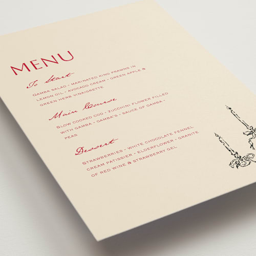 This is a champagne menu cards with standard by Draft and Wed called scalloped candlesticks printing on signature in standard