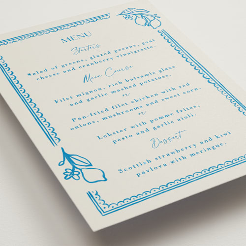 This is a ocean menu cards with standard by Pati Cascino called mediterraneo printing on signature in standard