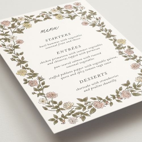This is a snow menu cards with standard by Cedar and Grey called vintage roses printing on signature in standard