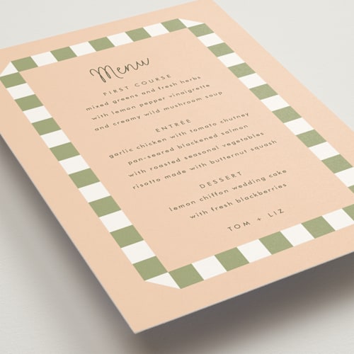 This is a peach menu cards with standard by Baumbirdy called boardwalk printing on signature in standard