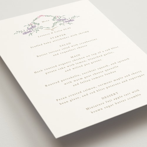This is a peony menu cards with standard by Corinne Malesic called vintage whimsy printing on signature in standard