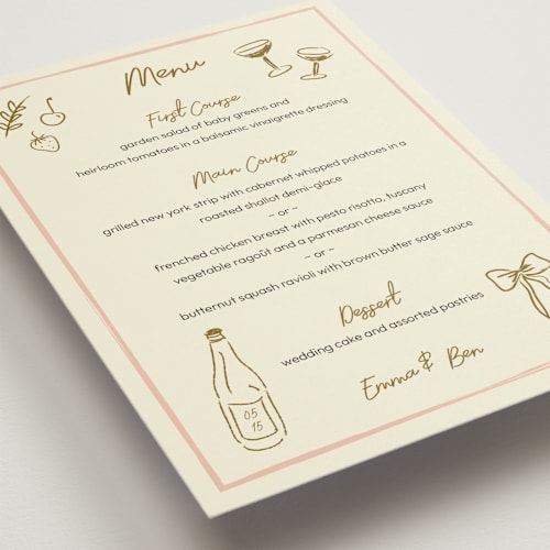 This is a butterscotch menu cards with standard by Helena Vitto called handwritten letter printing on signature in 5x7