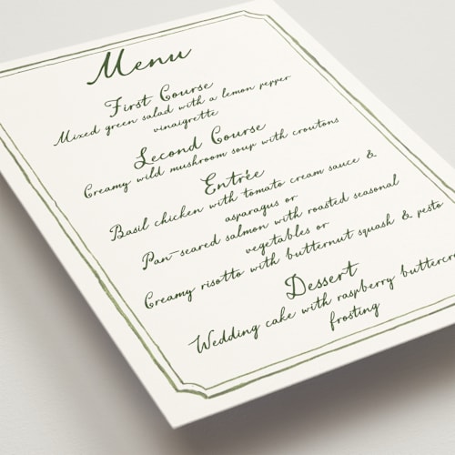 This is a moss menu cards with standard by Cass Loh called handwritten printing on signature in 5x7