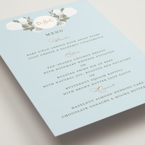 This is a sky menu cards with standard by Susan Zinader called hydrangea garden printing on signature in standard