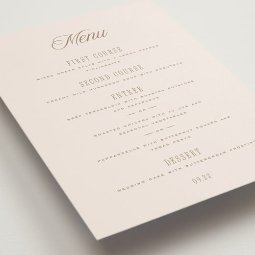 This is a pearl menu cards with standard by Leah Bisch called felicity printing on signature in standard
