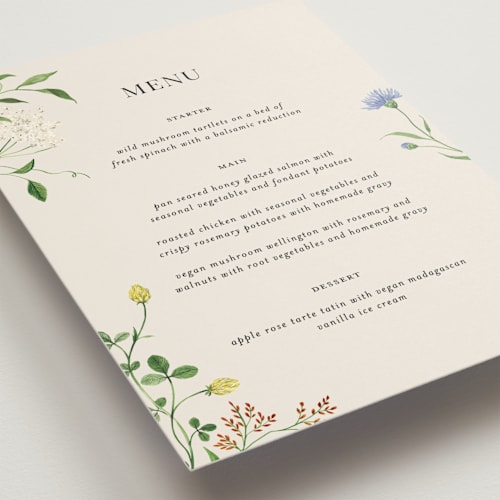 This is a elder flower menu cards with standard by Sarah Knight called wild meadow printing on signature in 5x7