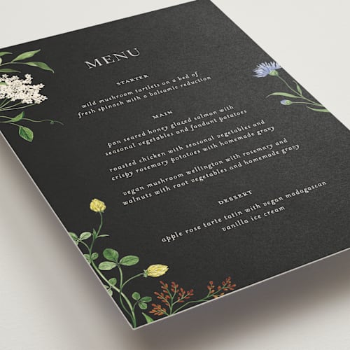 This is a onyx menu cards with standard by Sarah Knight called wild meadow printing on signature in 5x7
