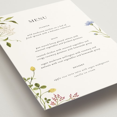 This is a fuchsia menu cards with standard by Sarah Knight called wild meadow printing on signature in 5x7