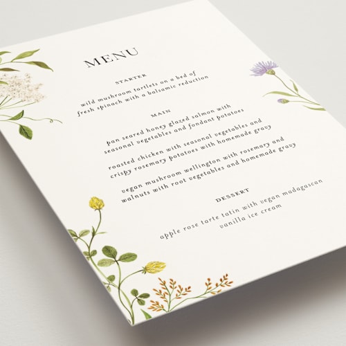 This is a persimmon menu cards with standard by Sarah Knight called wild meadow printing on signature in 5x7