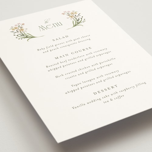 This is a olive menu cards with standard by Jennifer Wick called delicate buds printing on signature in standard