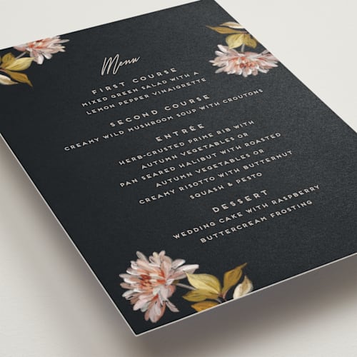 This is a navy menu cards with standard by Olivia Kanaley Inman called dahlia season printing on signature in standard