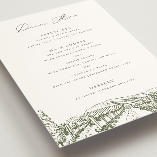 This is a olive menu cards with standard by Sarah Brown called vineyard printing on signature in standard
