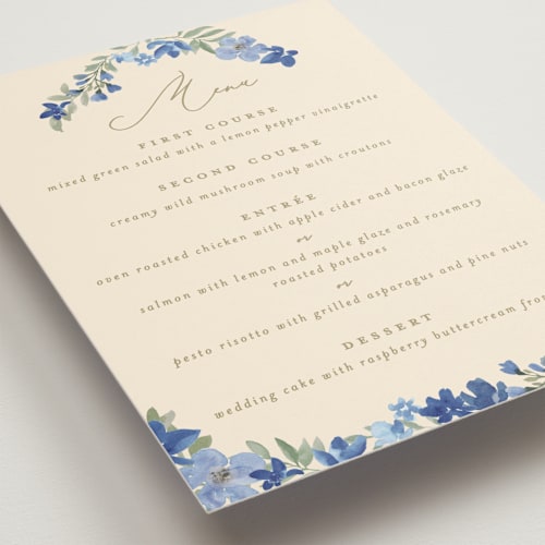This is a blueberry menu cards with standard by Creo Study called nilgiri printing on signature in 5x7