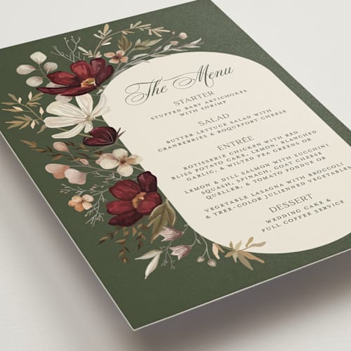 This is a vert menu cards with standard by Erin Deegan called fleur sauvage printing on signature in standard