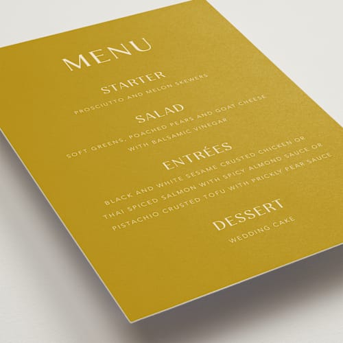 This is a marigold menu cards with standard by Stacey Day called swoop printing on signature in standard