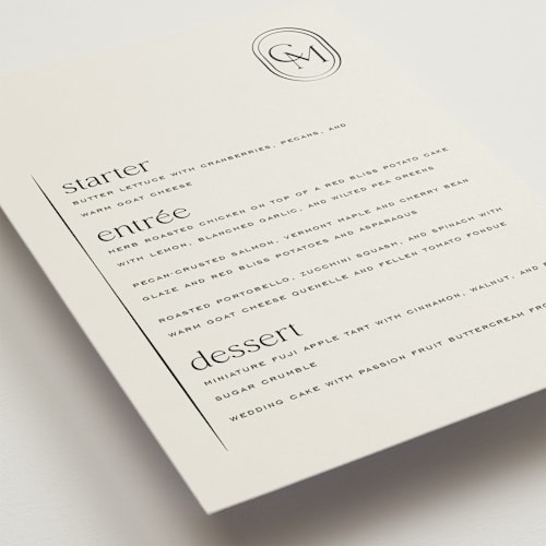 This is a latte menu cards with standard by Jackie Crawford called modern monogram printing on signature in standard