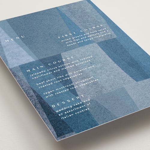 This is a seaside menu cards with standard by Carrie Moradi called denim patchwork printing on signature in standard