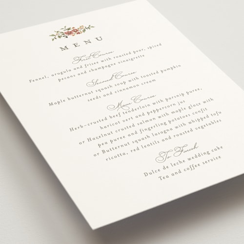 This is a mulberry menu cards with standard by Everett Paper Goods called foliage crest printing on signature in 5x7