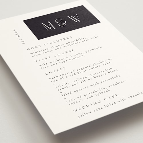 This is a tuxedo menu cards with standard by Ana de Sousa called wedding editorial printing on signature in standard