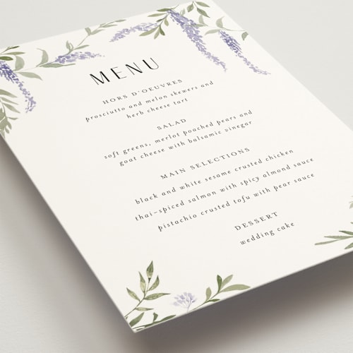 This is a lavender menu cards with standard by Design Lotus called enchanted evening printing on signature in standard