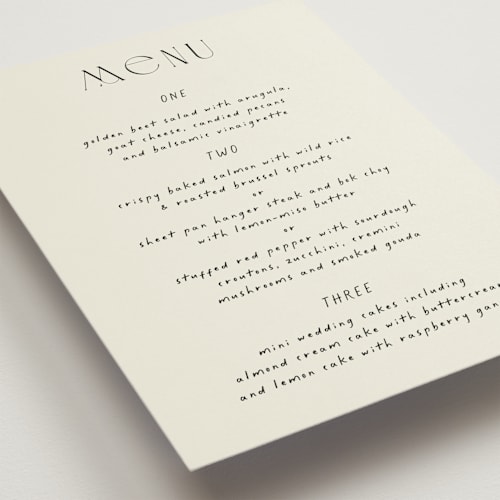 This is a onyx menu cards with standard by Alaina Cherup called la graine printing on signature in standard