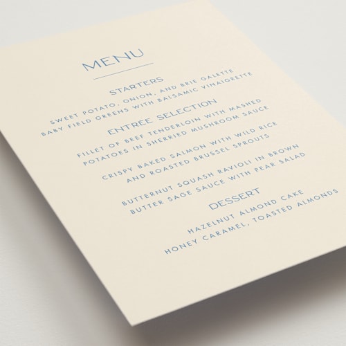 This is a cerulean menu cards with standard by Ellen Schlegelmilch called brooklyn printing on signature in standard