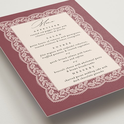 This is a mauve menu cards with standard by Erica Krystek called chantilly printing on signature in standard