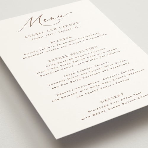 This is a pearl menu cards with standard by Hooray Creative called luxe script printing on signature in standard