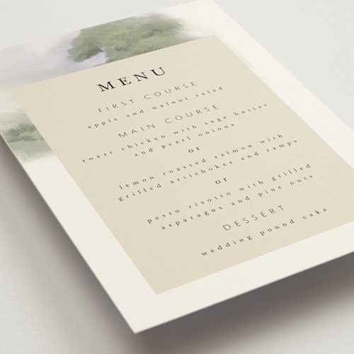 This is a moss menu cards with standard by Hannah Williams called hillside printing on signature in standard