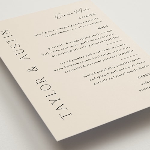 This is a linen menu cards with standard by Vanessa Doyle called in love printing on signature in 5x7