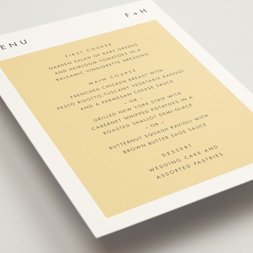 This is a buttercup menu cards with standard by Snow and Ivy called colorfield printing on signature in standard