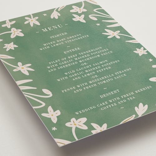 This is a emerald menu cards with standard by Ani Somi called friendly flowers printing on signature in standard